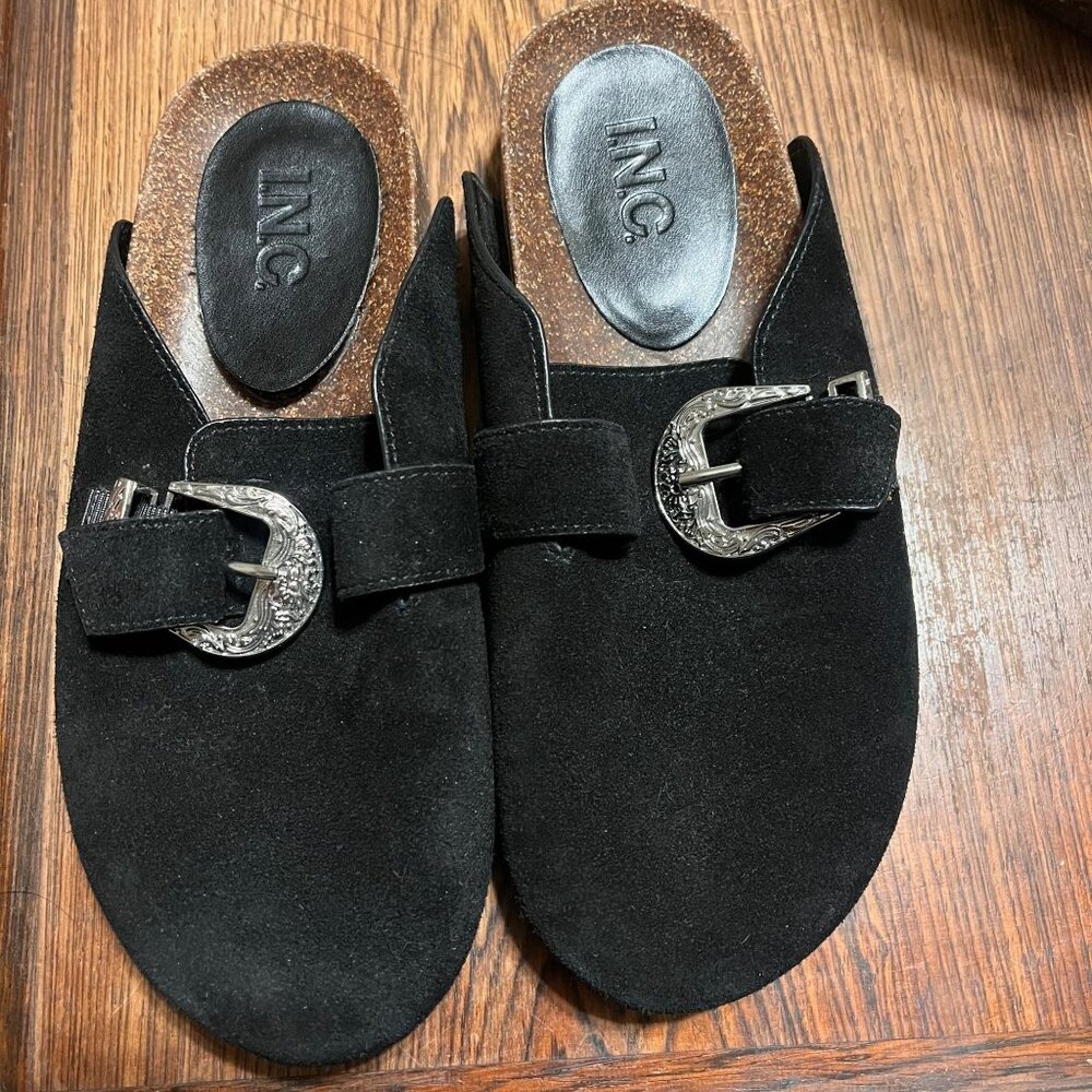 I.N.C. Wenna Boho Black Suede Slip On Clogs with Silver Western Buckles Size 6.5